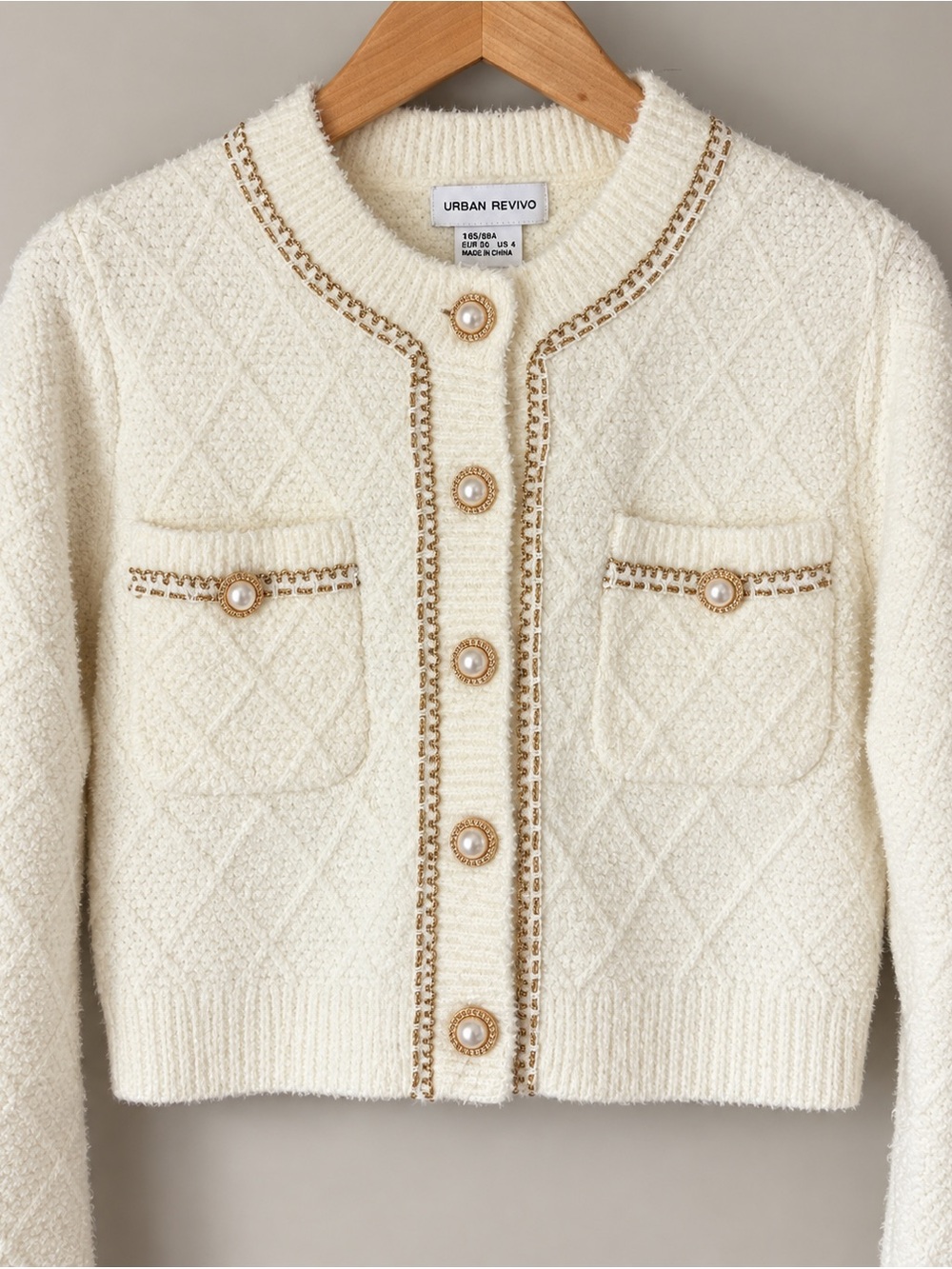 Urban Revivo Ivory Pearl Button Gold Trim Cropped Cardigan NWT S 🟫
